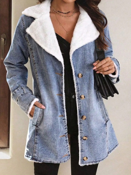 Jackets & Blazers - Western Light Wash Teddy Lined Pockets Button Down Denim Jacket